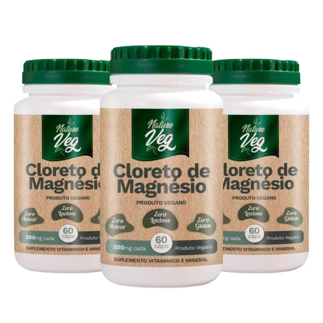 KIT 3 CLORETO DE MAGNéSIO (PRODUTO VEGANO) 60 CáPSULAS 550MG