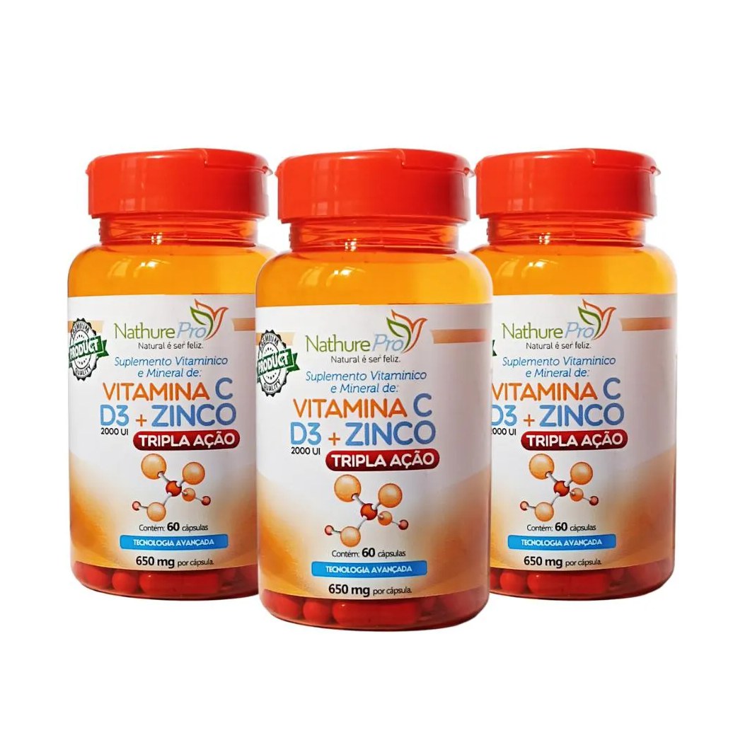 KIT 3 VITAMINA C + D3 + ZINCO (TRIPLA AçãO) 60 CáPSULAS 650MG