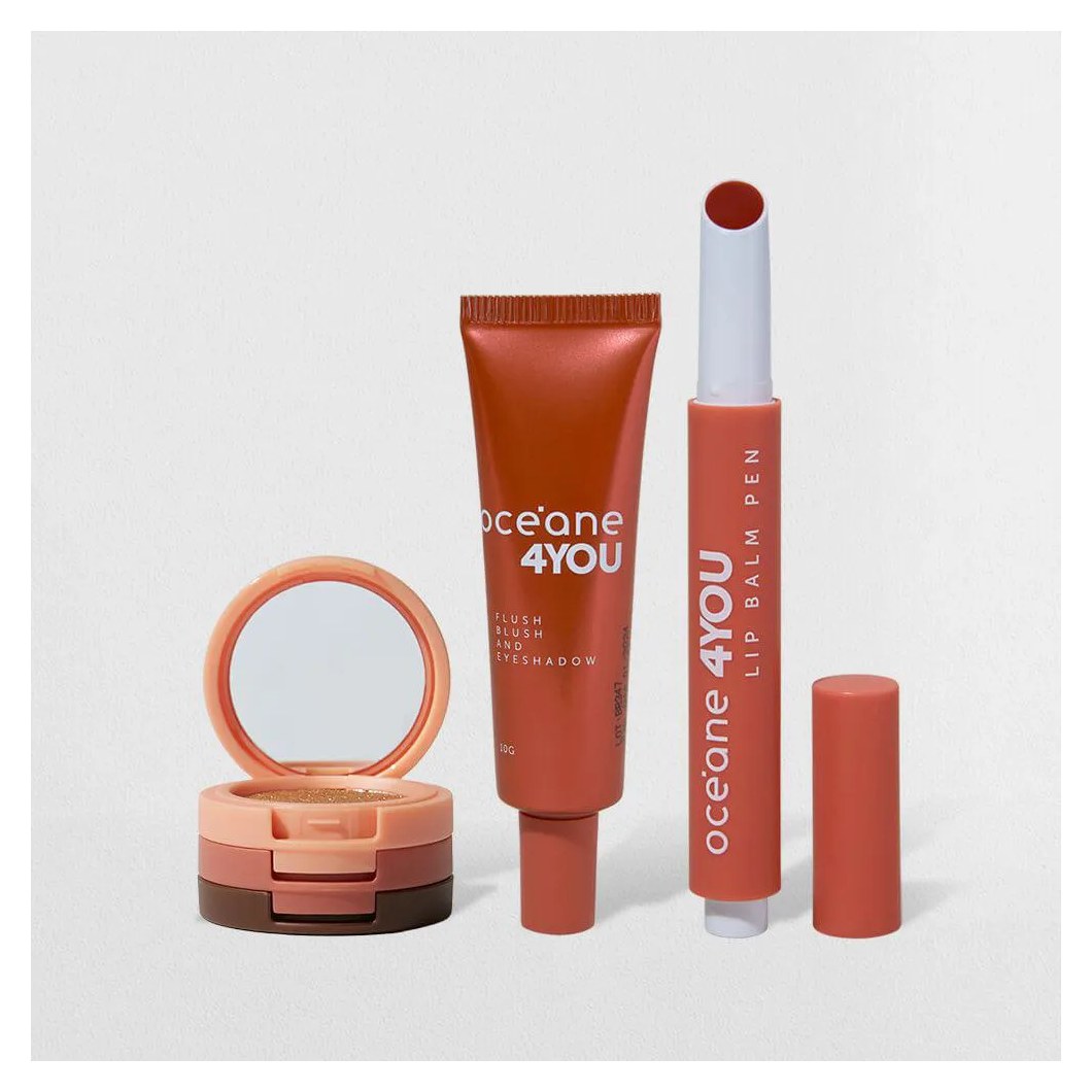 Kit Trio de Sombras + Hidratante Labial + Coral Blush Líquido Laranja 4you (3 Produtos)