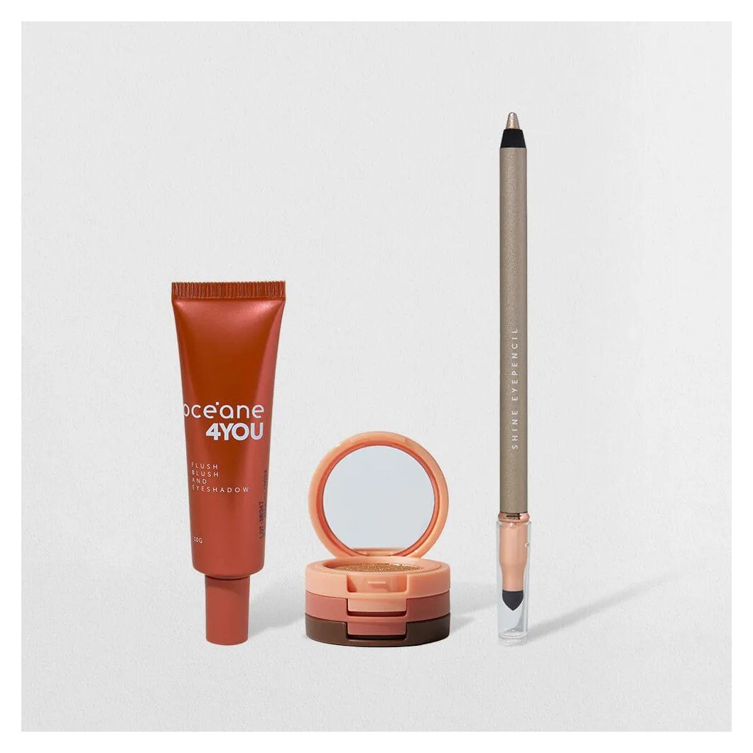 Kit Trio de Sombras Cooper Shine + Lápis para Olhos Dourado + Blush Líquido Laranja 4you (3 Produtos)