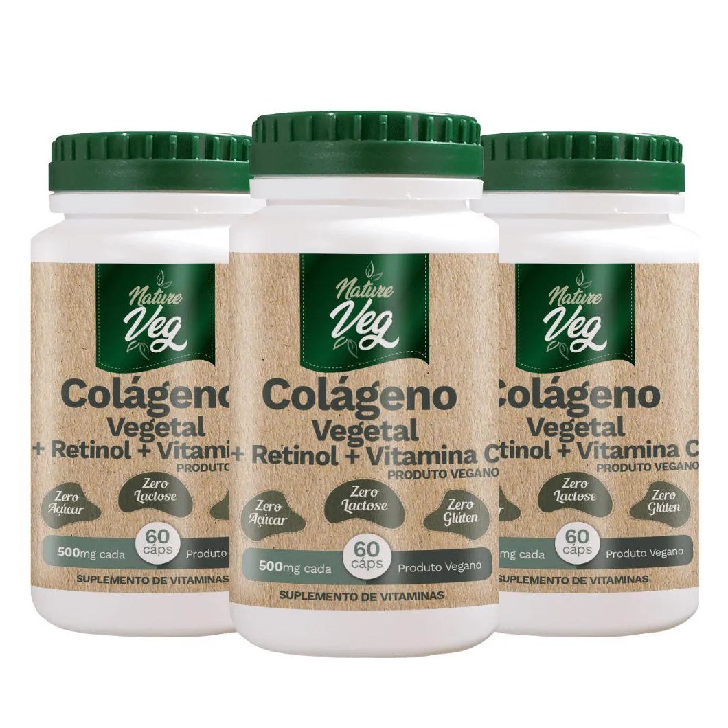 KIT 3 COLáGENO VEGETAL + RETINOL + VITAMINA C (PRODUTO VEGANO) 60 CáPSULAS 500MG