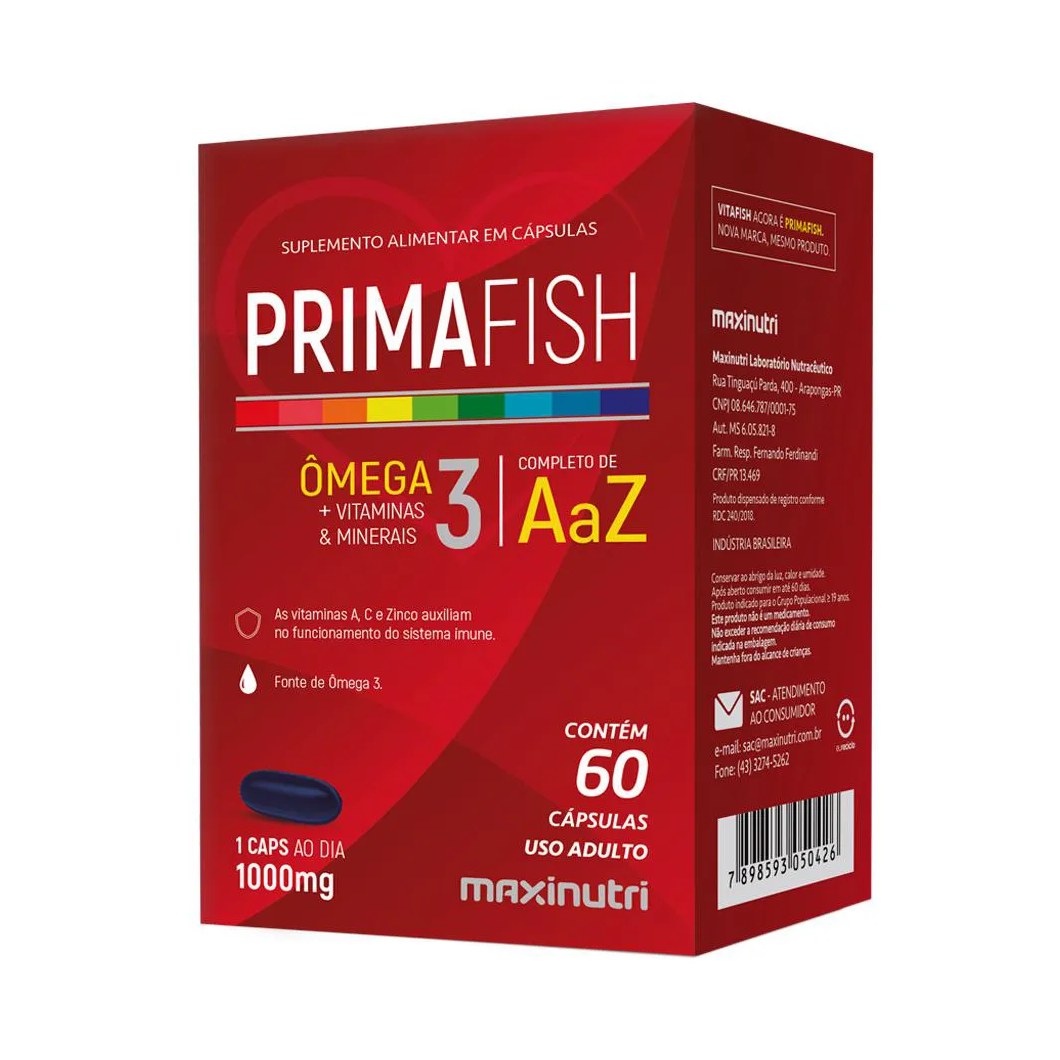 Primafish Ômega 3 Polivitaminas e Minerais 60 Capsulas Maxinutri