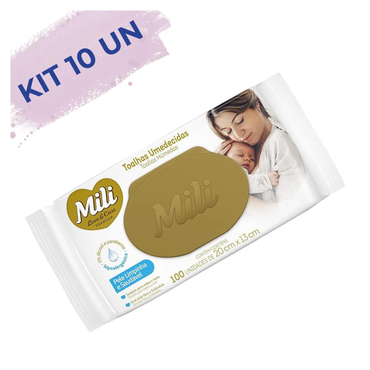 Kit Lenço Umedecido Mili Love & Care Premium 10 Pacotes de 100 Unidades