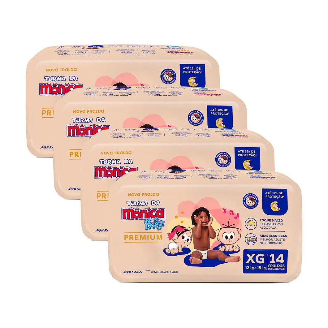 Kit 4 Fralda Turma da Mônica Baby Premium Jumbo XG com 14un cada