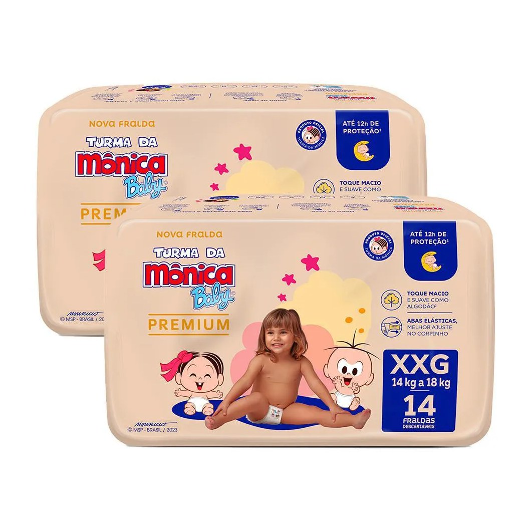 Kit 2 Fralda Turma da Mônica Baby Premium Jumbo XXG com 14un cada
