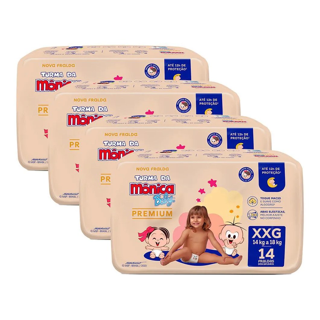 Kit 4 Fralda Turma da Mônica Baby Premium Jumbo XXG com 14un cada