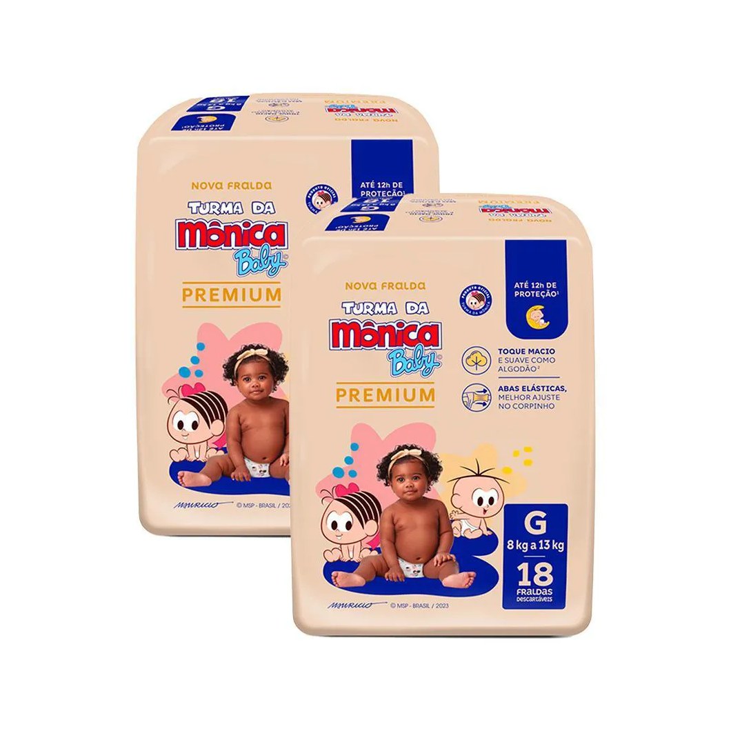 Kit 2 Fralda Turma da Mônica Baby Premium Jumbo G com 18un cada