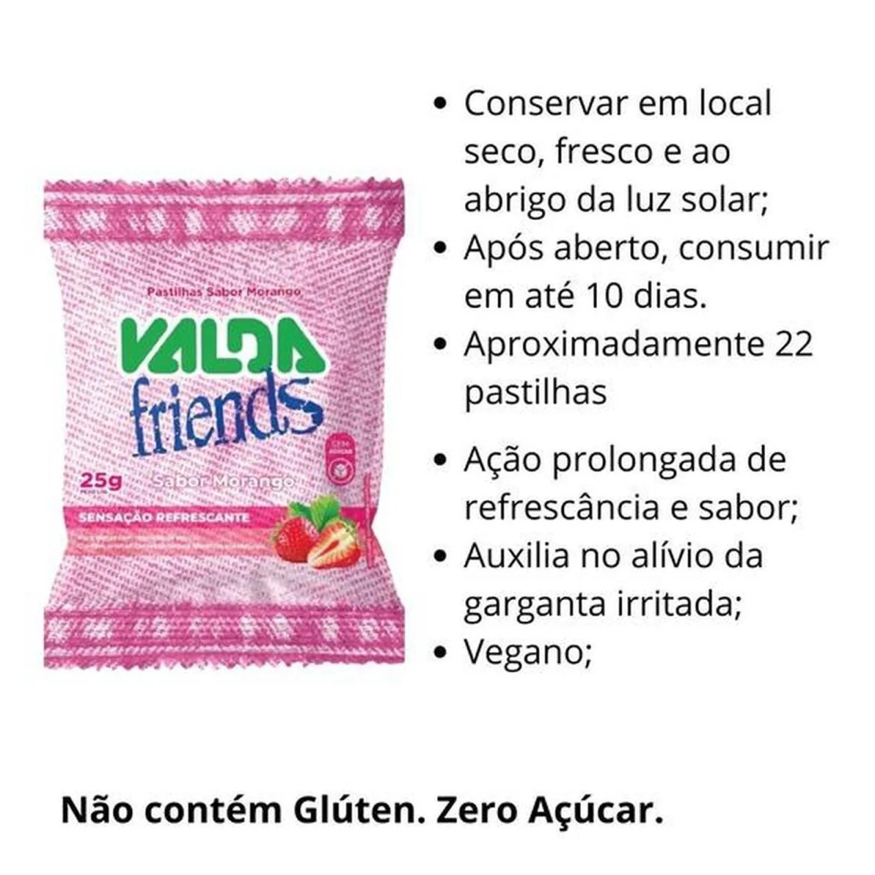 Valda Friends Pastilha Sabor Morango 10 Sachês de 25g Cada