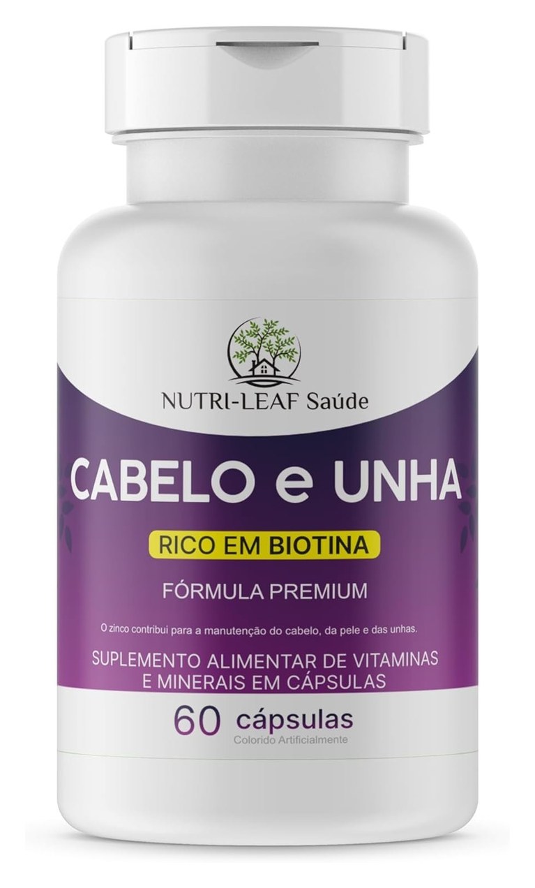 Cabelo e Unha Vitamina para Crescimento Capilar Unhas Fortes e Pele Saudável com Biotina Zinco e 16 Vitaminas Essenciais 60 Cápsulas da NUTRI-LEAF Saú