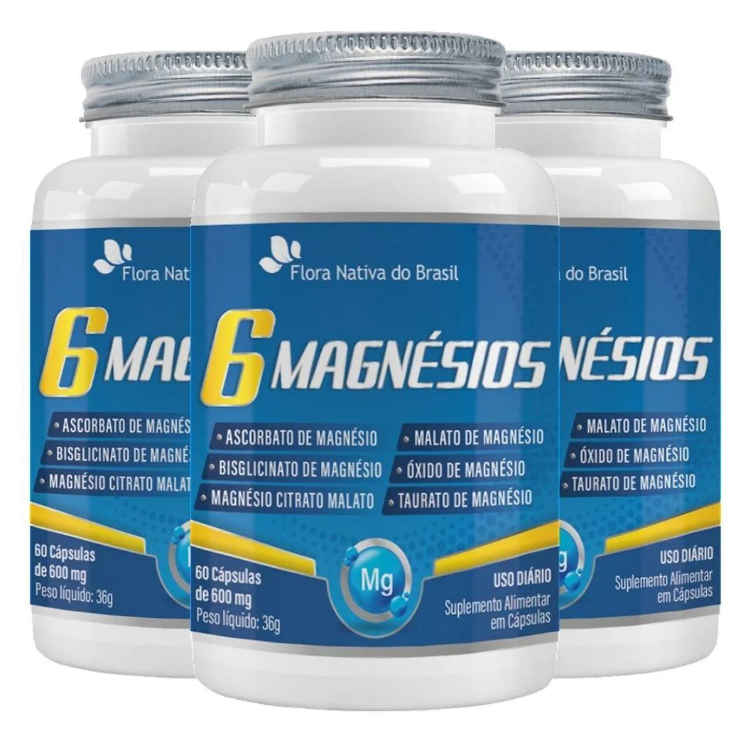 Kit 3x 6 Magnésios (taurato, Malato, Citrato, Ascorbato, Quelato e Óxido) 60 cápsulas - Flora Nativa