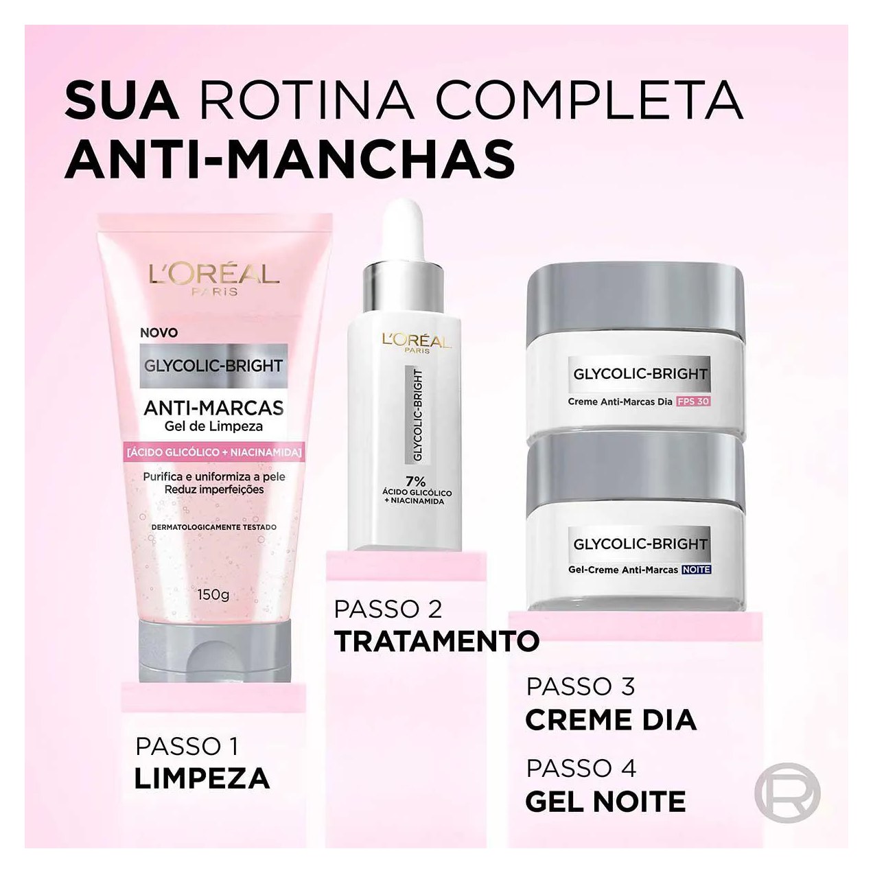 Kit L'Oréal Paris Glycolic-Bright Rotina Completa - Gel Limpeza + Sérum + Gel-Creme Noite