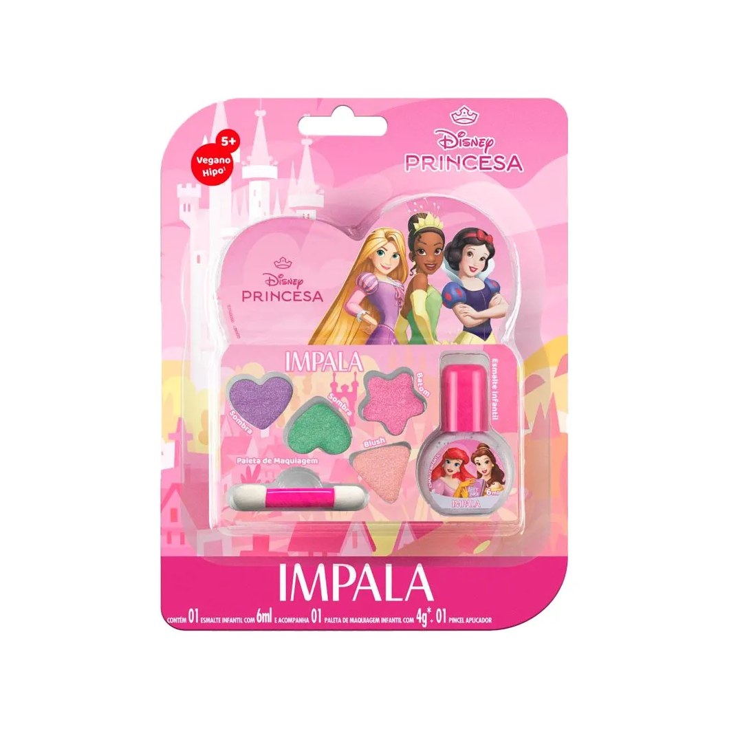 Kit Esmalte Infantil 6ml + Paleta De Maquiagem Infantil 4g + Pincel Aplicador Impala Disney Princesas