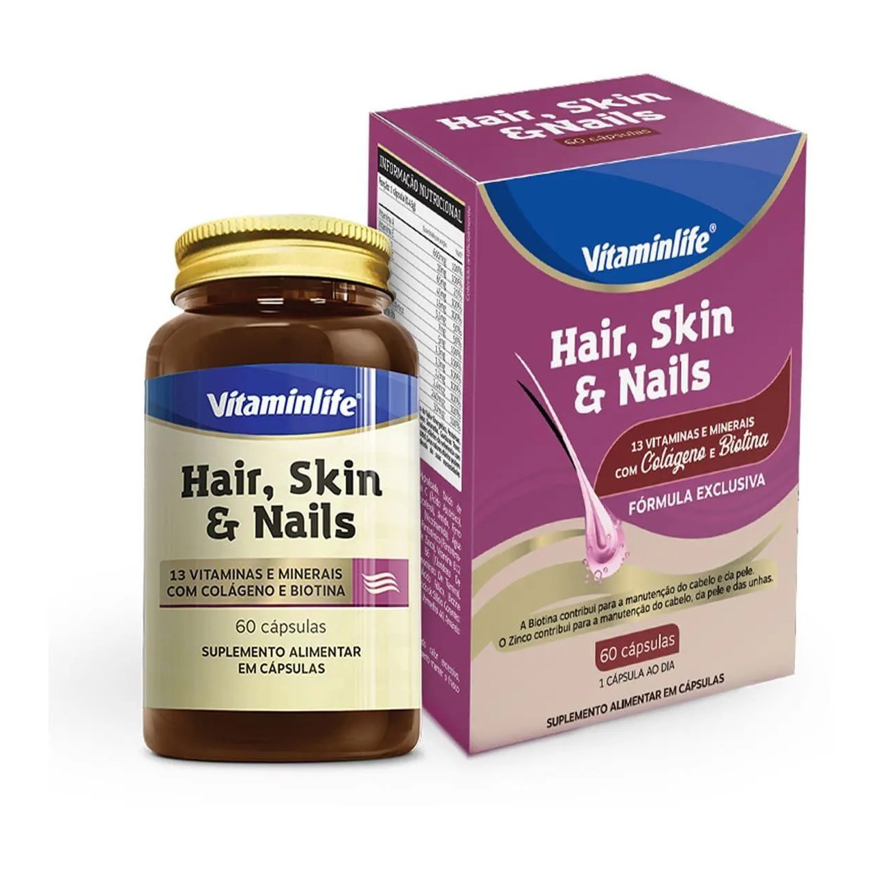 Hair, Skin e Nails Com Colágeno e Biotina – 60 Cápsulas – Vitaminlife