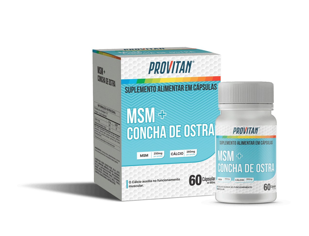 MSM (Metilsulfonilmetano) + Concha de Ostra (Cálcio) Provitan 660 mg – 60 Cápsulas para Saúde Articular