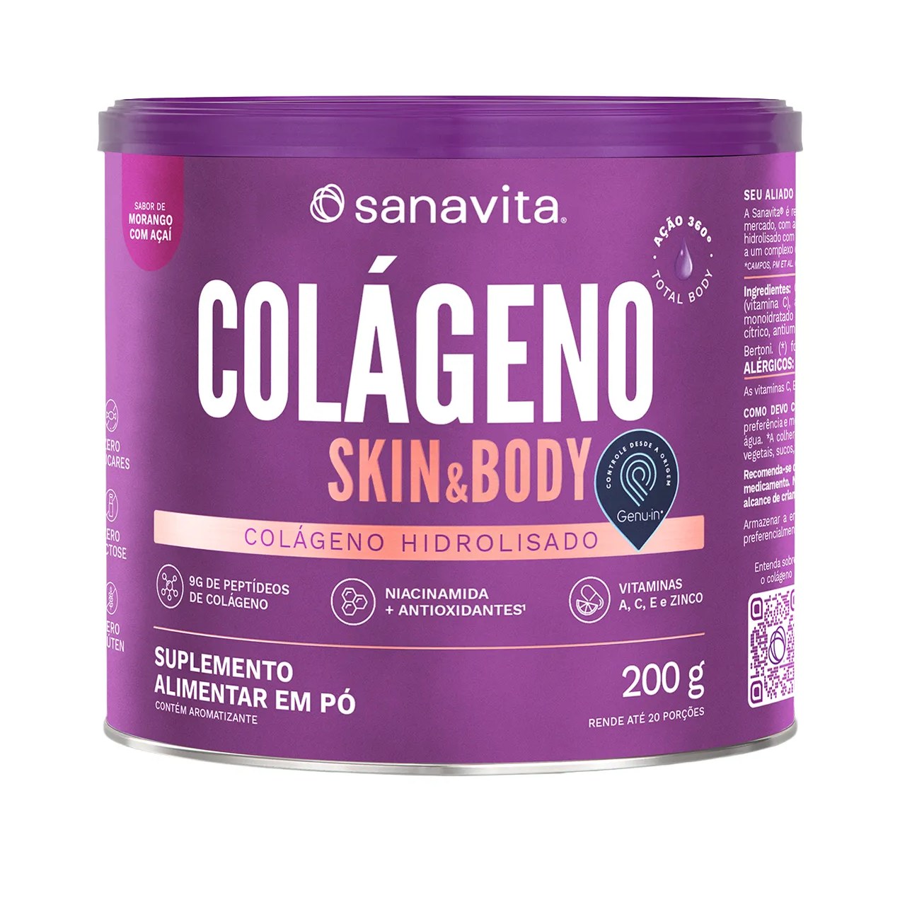 Colágeno Sanavita Skin Morango com Açaí Pó 200g