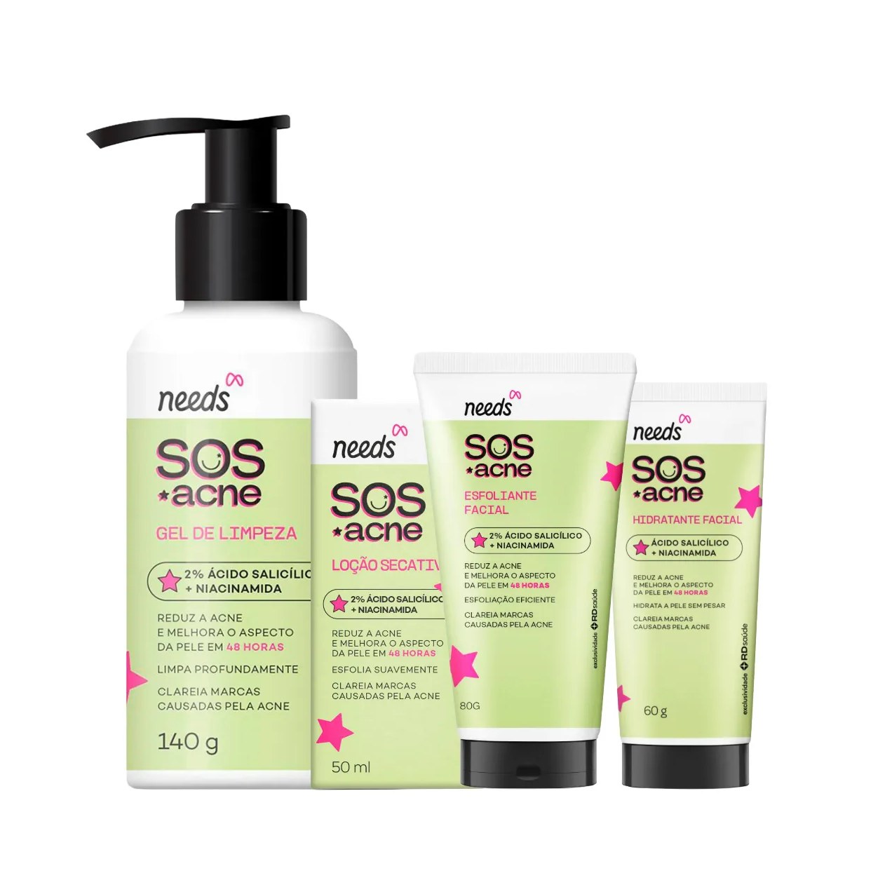 Kit Facial Needs SOS Acne Gel de Limpeza 140g + Esfoliante 80g + Loção Secativa 50ml + Hidratante 60g