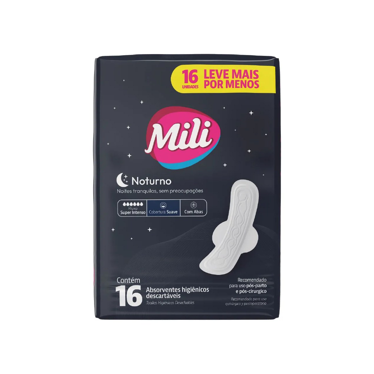 Absorvente Mili Noturno Com 16 Suave Com Abas