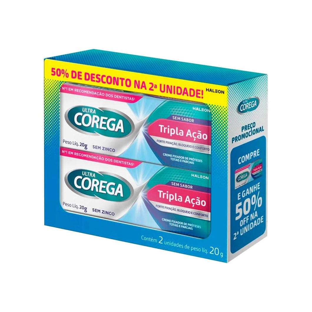 Creme Fixador De Proteses Dentarias Corega Tripla Acao Sem Sabor Com 2 Unidades De 20gr Cada Promocional