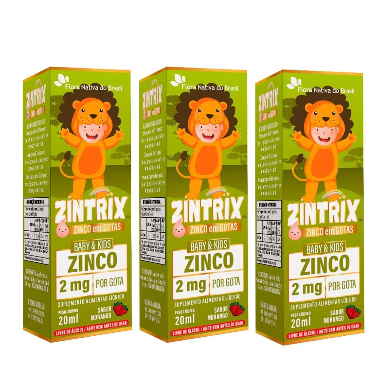 Kit 3x Zintrix (zinco Infantil) 20ml – Flora Nativa Sabor Morango