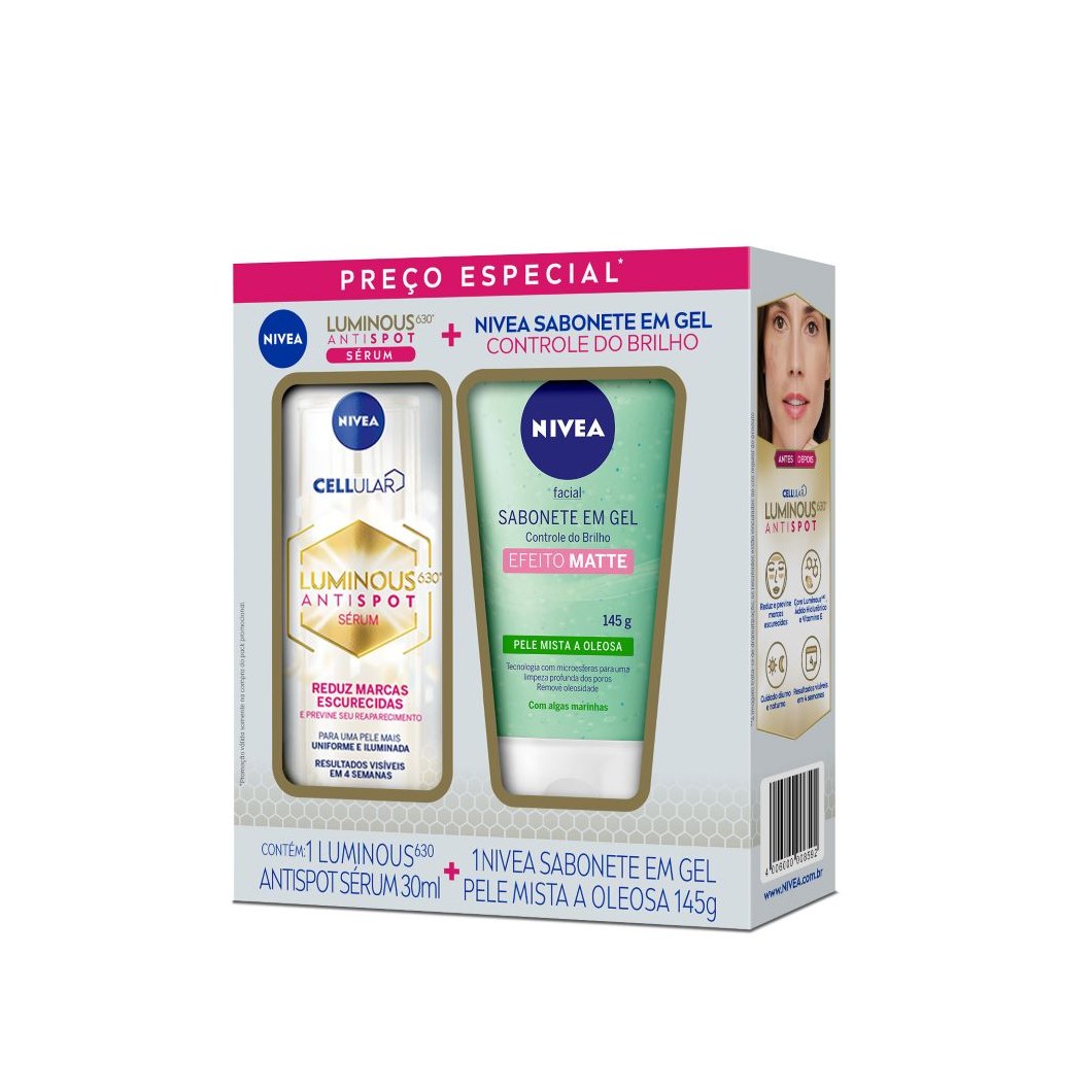 Kit Sérum Intensivo Nivea Cellular Luminous 630 Antispot 30ml 1 Unidade + Sabonete Facial Nivea Efeito Matte Algas Marinhas Gel 145g 1 Unidade