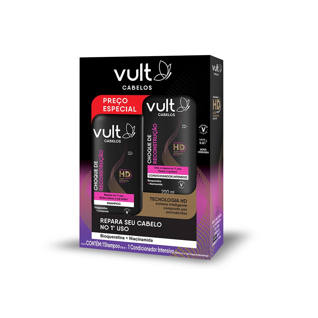 Kit Shampoo Vult Choque de Reconstrução 200ml 1 Unidade + Condicionador Vult Choque de Reconstrução 200ml 1 Unidade