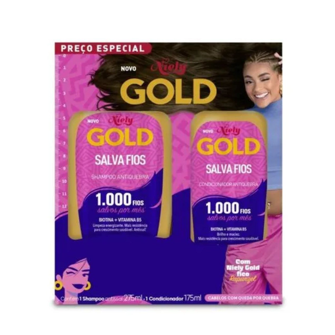 Kit Shampoo Niely Gold Salva Fios Antiquebra 275ml 1 Unidade + Condicionador Niely Gold Salva Fios Antiquebra 175ml 1 Unidade