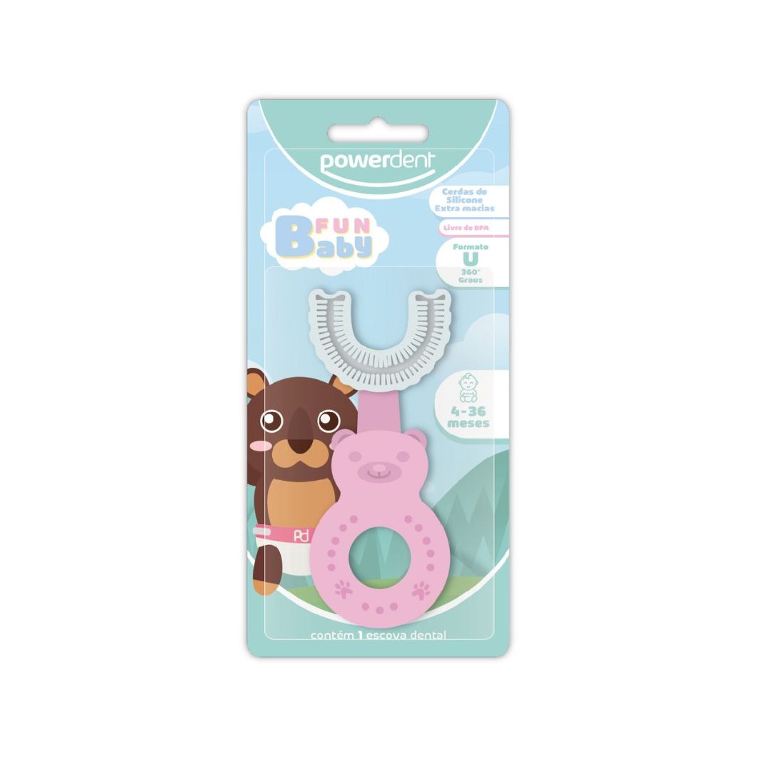 Escova Dental Infantil Powerdent Fun Baby 360° Primeiros Dentinhos Cerdas de Silicone Extra Macias 1 Unidade