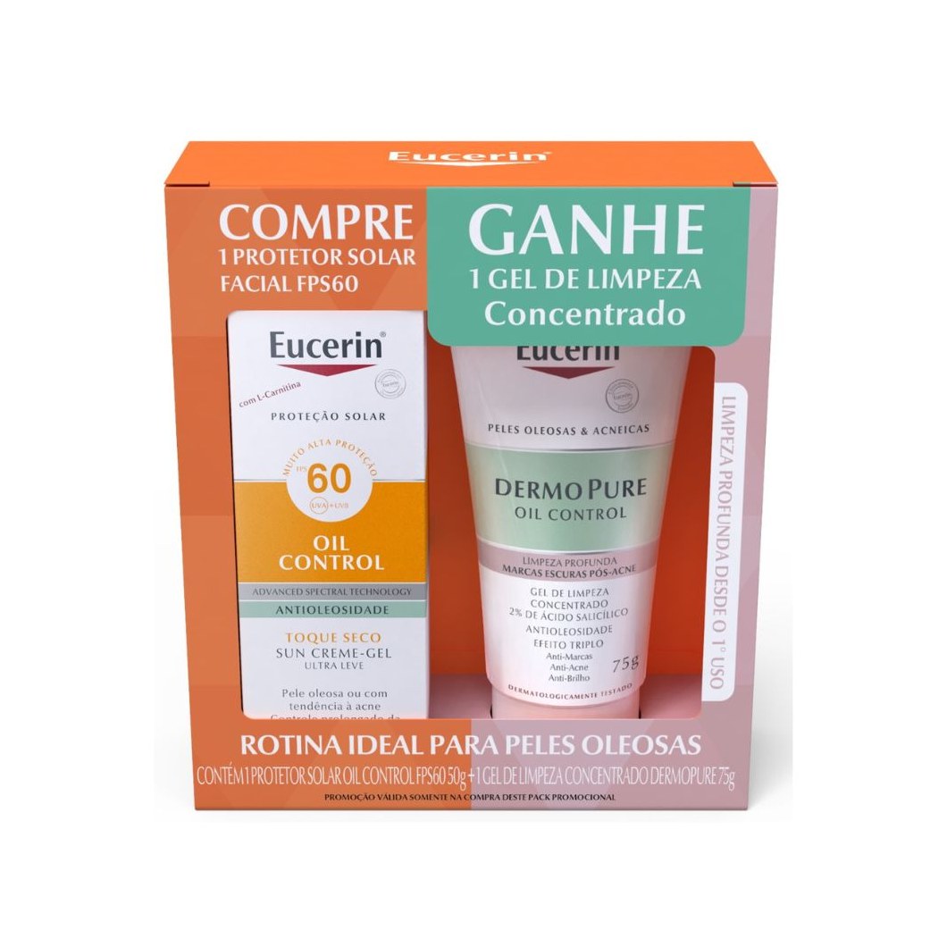 Kit Protetor Solar Facial Eucerin Sun Oil Control FPS60 50g 1 Unidade + Gel de Limpeza Facial Eucerin Dermopure Concentrado 75ml 1 Unidade