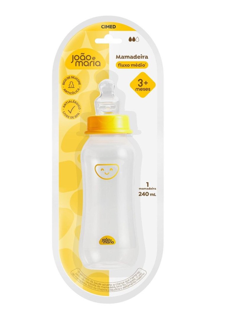 Mamadeira João e Maria Bico Ortodôntico Silicone Amarelo 240ml 1 Unidade