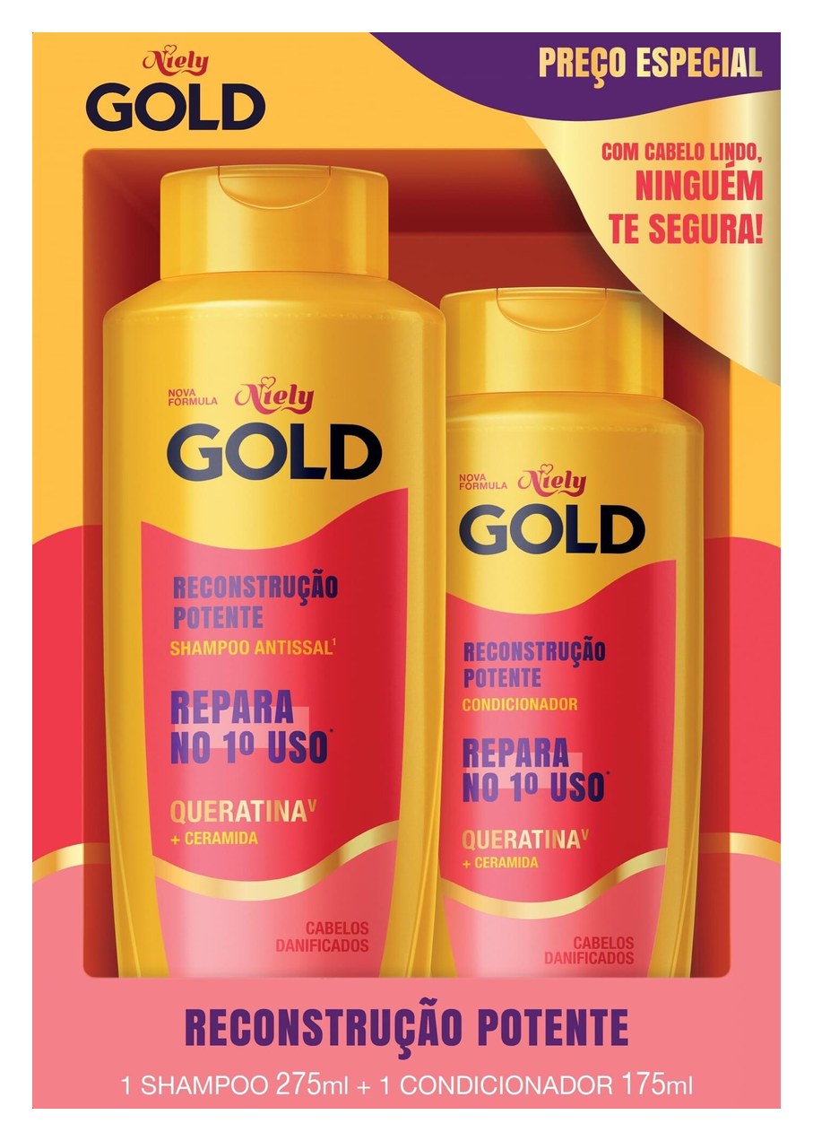 Kit Shampoo Antissal 275ml + Condicionador 175ml Queratina V E Ceramida Niely Gold Reconstrução Potente