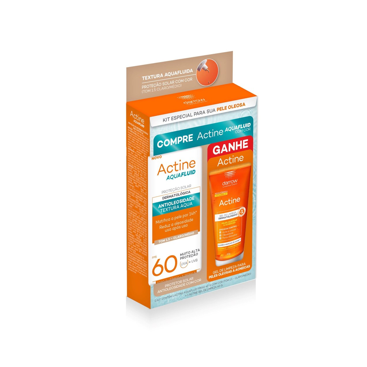 Kit Facial Darrow Actine Aquafluid Fps60 Com Cor 40g + Actine Gel De Limpeza 40g