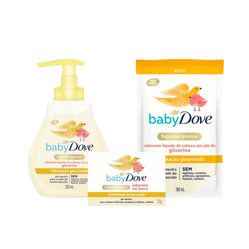 Kit Infantil Dove Hidratação Glicerinada Sabonete Líquido 200ml + Refil Sabonete Líquido 180ml + Sabonete em Barra 75g