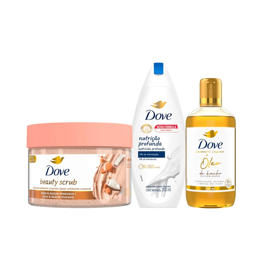 Kit Dove Banho Sabonete Esfoliante Coco Beauty Scrub 280g + Sabonete Líquido Óleo de Banho 240ml + Sabonete Líquido Nutrição 250ml