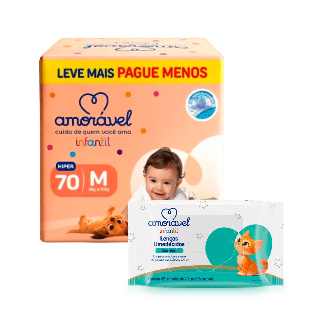 Kit Amorável Fralda Amorável Basic M 70 Uni + Lenço Umedecido Amorável Baby Aloe Vera 48 Uni