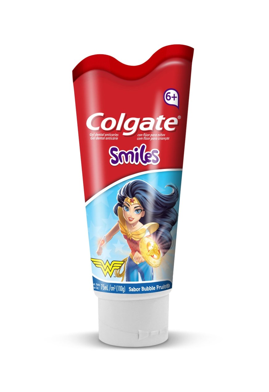 Creme Dental Infantil Colgate Smiles Batman & Mulher-Maravilha Anticáries Com Flúor +6 anos Sabor Bubble Fruit 100g