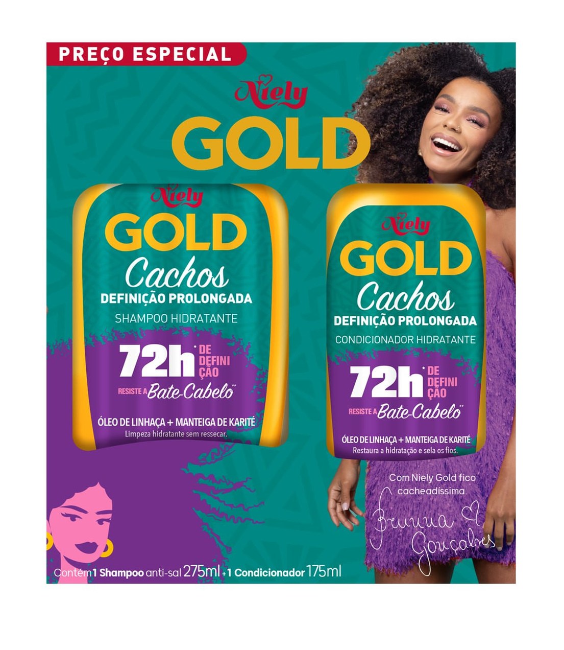 Kit Shampoo Niely Gold Cachos Definição Prolongada 72h 275ml 1 Uni + Condicionador Definição Prolongada 72h 175ml 1 Uni